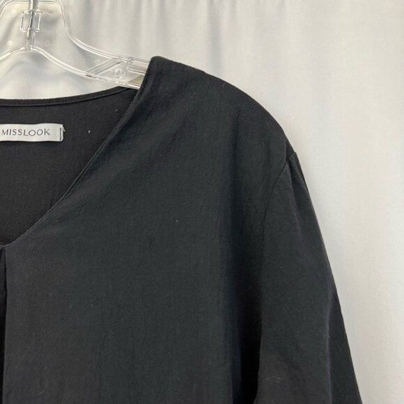 Misslook Womens Shift Dress Solid Black V Neck Long Sleeve Rounded Hemline L - Picture 4 of 11